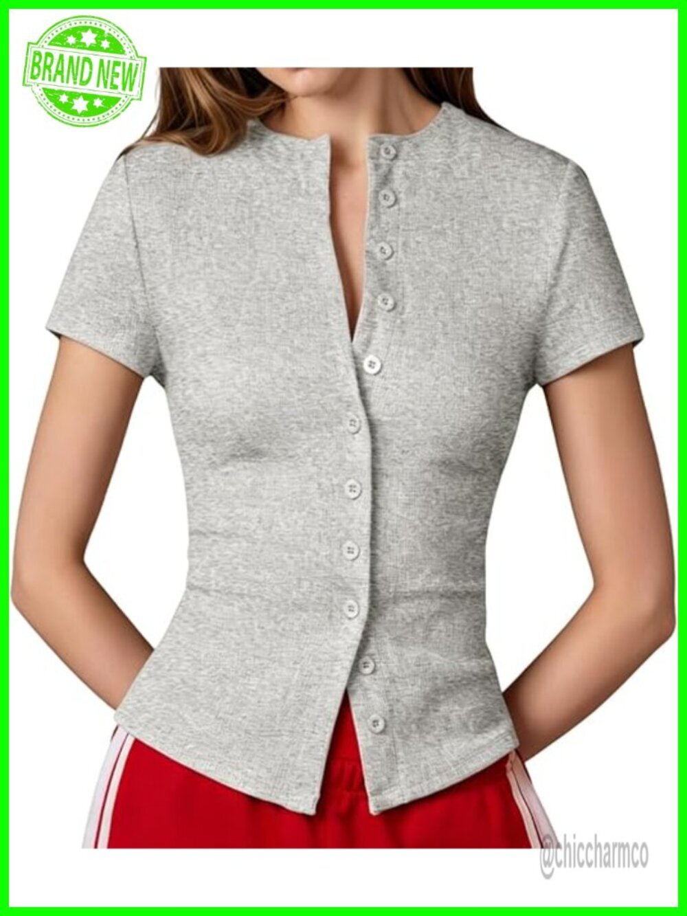 Slim Fit Crew Neck Button Down Short Sleeve Crop Tee Ribbed Knit Cinched Waist